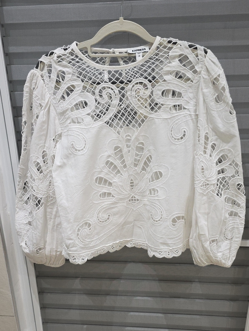 Express White Eyelet Cutout Crochet Long-Sleeve Blouse